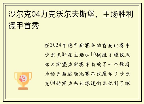 沙尔克04力克沃尔夫斯堡，主场胜利德甲首秀