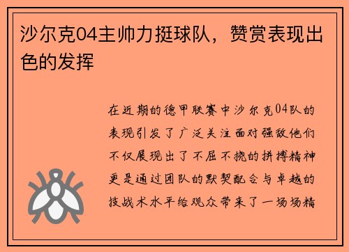 沙尔克04主帅力挺球队，赞赏表现出色的发挥