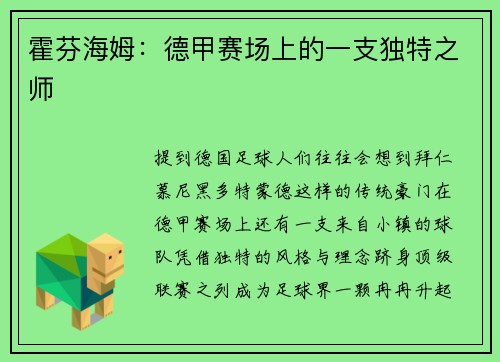 霍芬海姆：德甲赛场上的一支独特之师